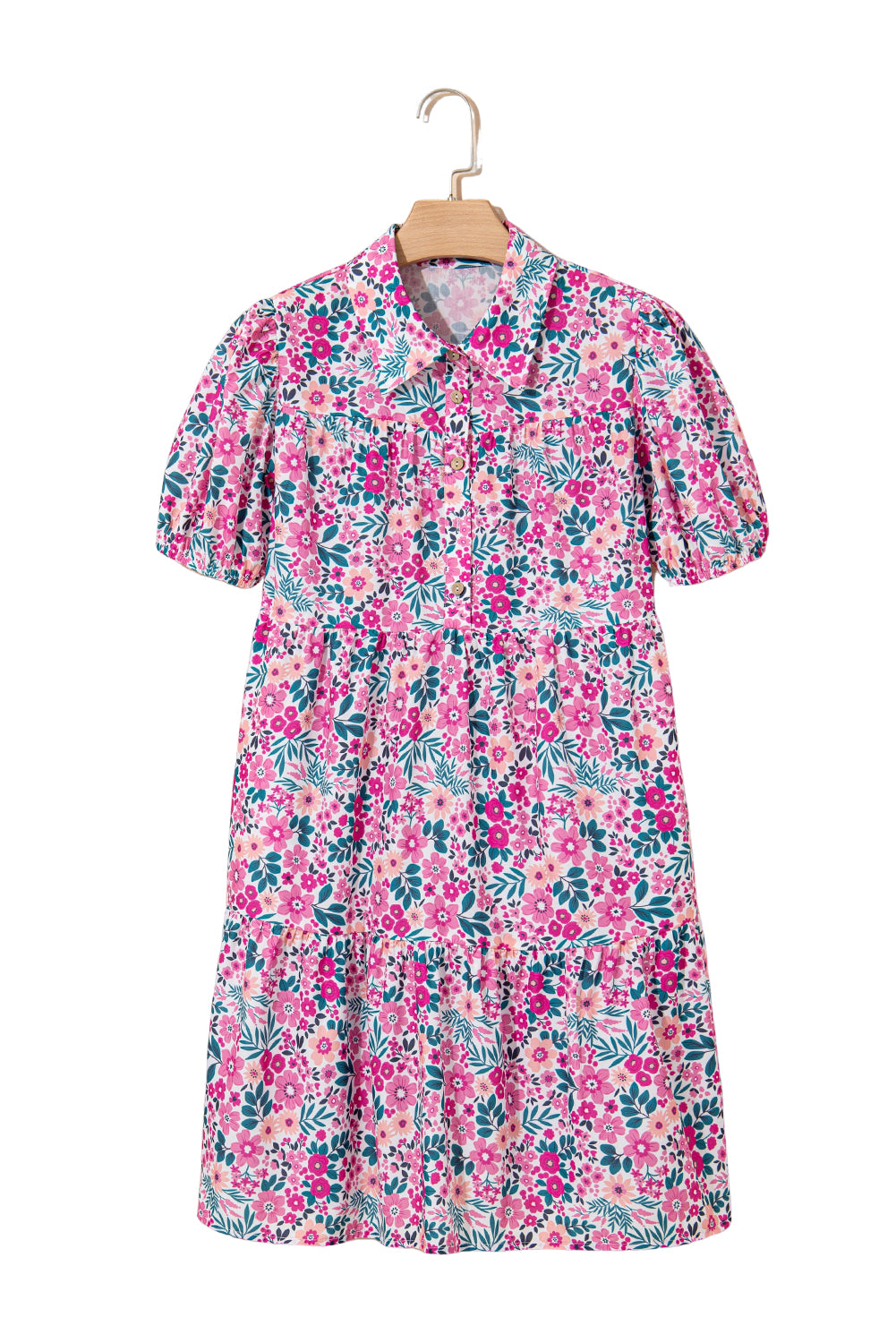 Pink Floral Collared Half Placket Short Sleeve Loose Dress Floral Dresses JT's Designer Fashion