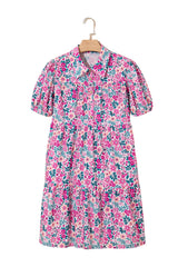 Pink Floral Collared Half Placket Short Sleeve Loose Dress Floral Dresses JT's Designer Fashion