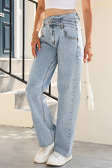 Sky Blue Mid Rise Asymmetrical Waist Wide Leg Jeans Jeans JT's Designer Fashion