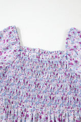 Purple Floral Short Bubble Sleeve Shirred High Waist Long Dress Maxi Dresses JT's Designer Fashion