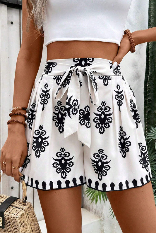 Black Tribal Geometric Print Belted High Waist Casual Shorts Black 100%Polyester Casual Shorts JT's Designer Fashion