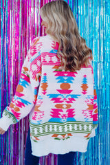 White Oversize Aztec Print High Low V Neck Sweater Sweaters JT's Designer Fashion