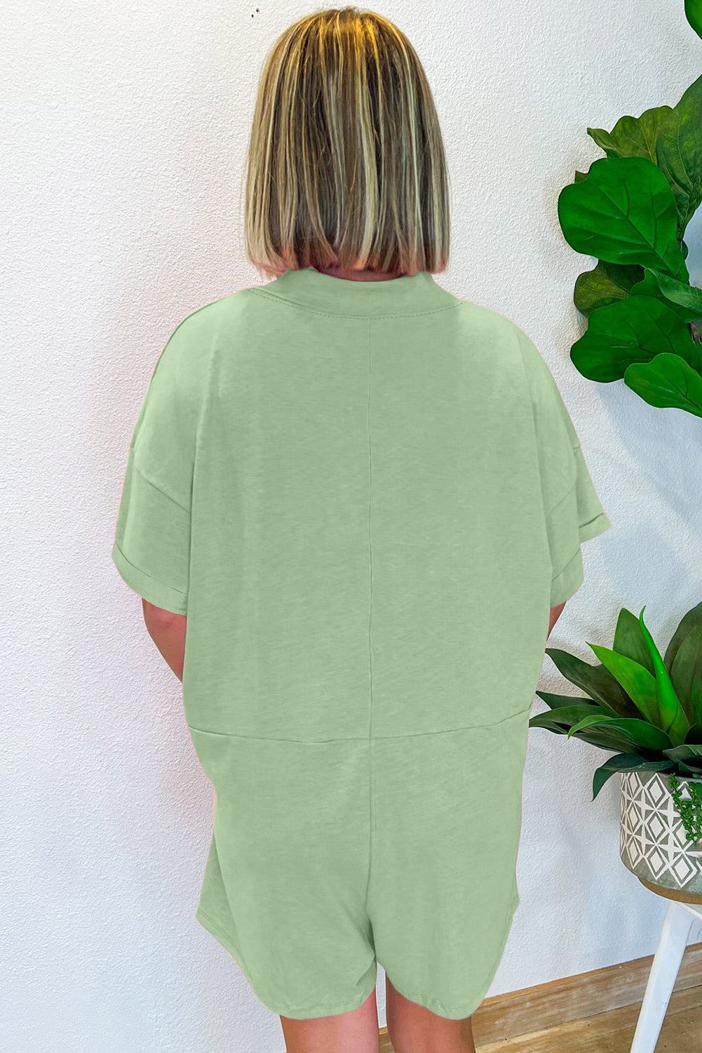 Grass Green Loose Half Sleeve V Neck Knit Romper Jumpsuits & Rompers JT's Designer Fashion