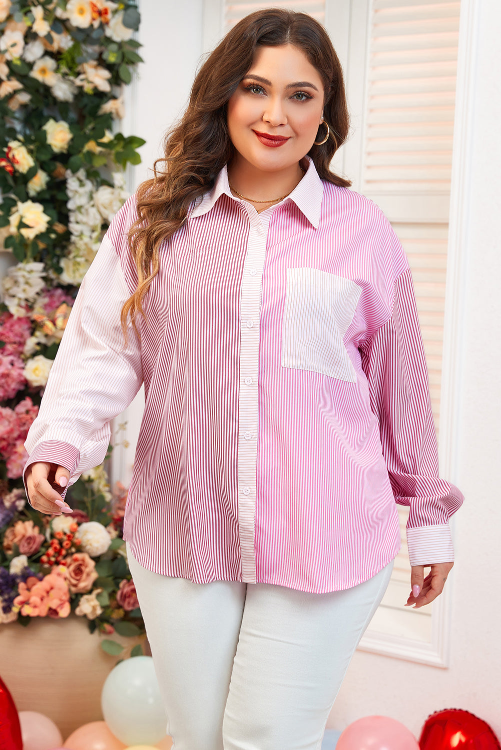 Pink Stripe Print Colorblock Plus Size Shirt Pink Stripe 100%Polyester Plus Size Blouses & Shirts JT's Designer Fashion