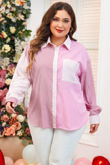 Pink Stripe Print Colorblock Plus Size Shirt Pink Stripe 100%Polyester Plus Size Blouses & Shirts JT's Designer Fashion