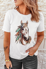 White Western Aztec Horse Graphic Crewneck Tee Graphic Tees JT's Designer Fashion