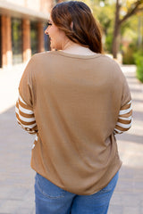Khaki Striped Checkered Mixed Print Chest Pocket Casual Plus Size Top Plus Size Long Sleeve Tops JT's Designer Fashion