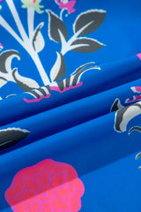 Blue Floral Print Contrast Striped Trim Notched Neck Long Sleeve Blouse Blouses & Shirts JT's Designer Fashion