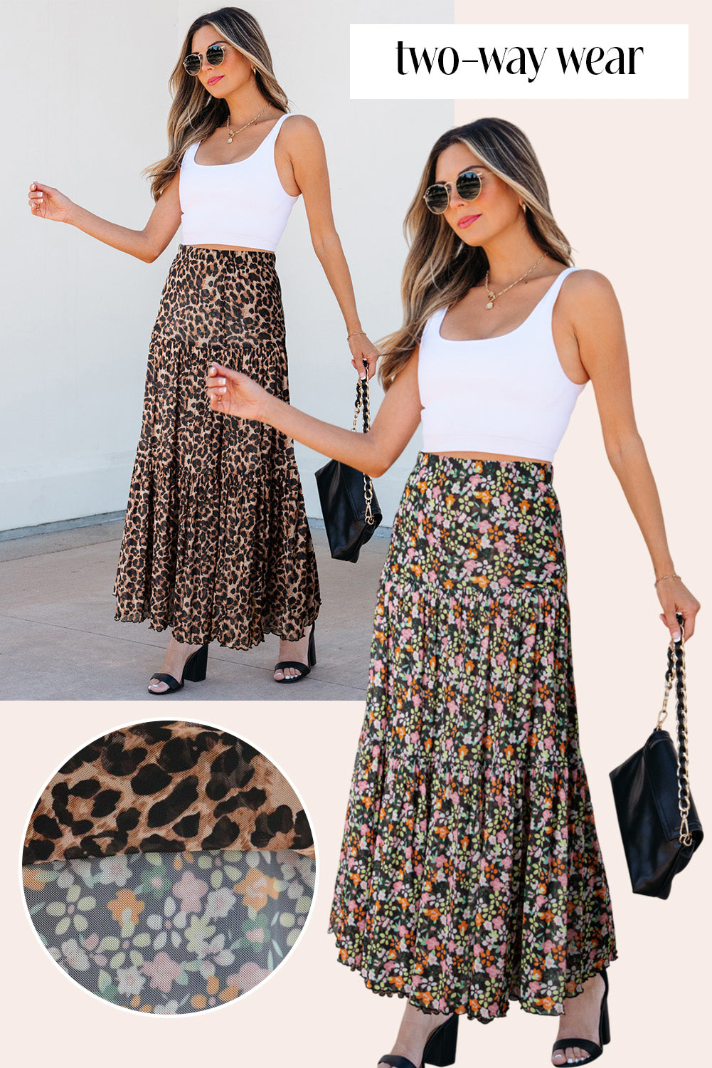 Brown Leopard Floral Reversible Ruffle Hem Maxi Skirt Brown 92%Polyester+8%Elastane Skirts & Petticoat JT's Designer Fashion