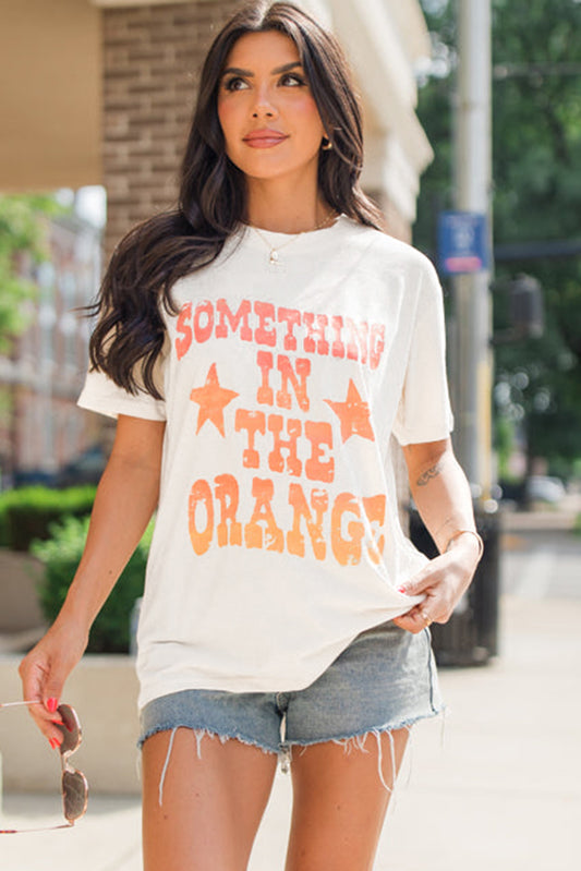 White SOMETHING IN THE ORANGE Graphic Crew Neck T Shirt Graphic Tees JT's Designer Fashion