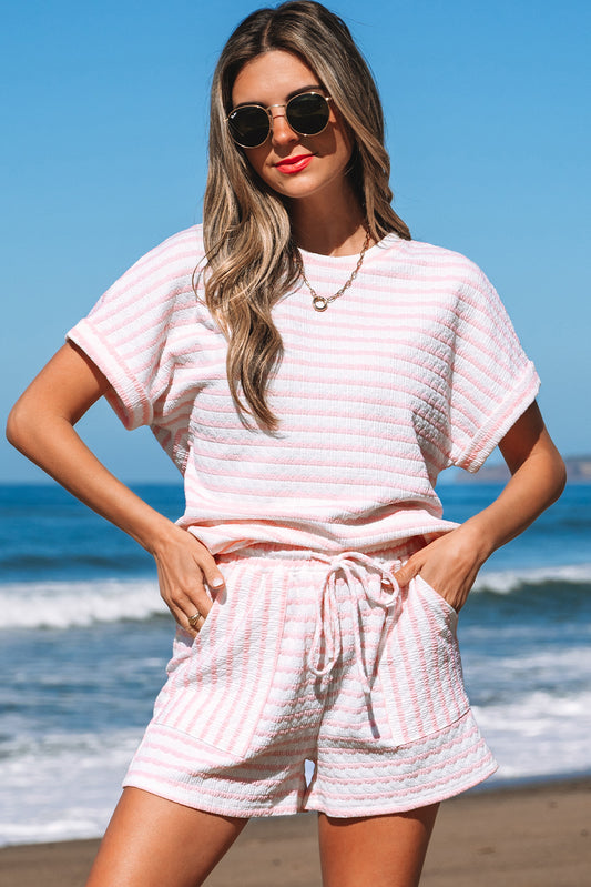 Pink Stripe Knitted Short Sleeve Top and Drawstring Shorts Set Pink Stripe 85%Polyester+10%Viscose+5%Elastane Short Sets JT's Designer Fashion