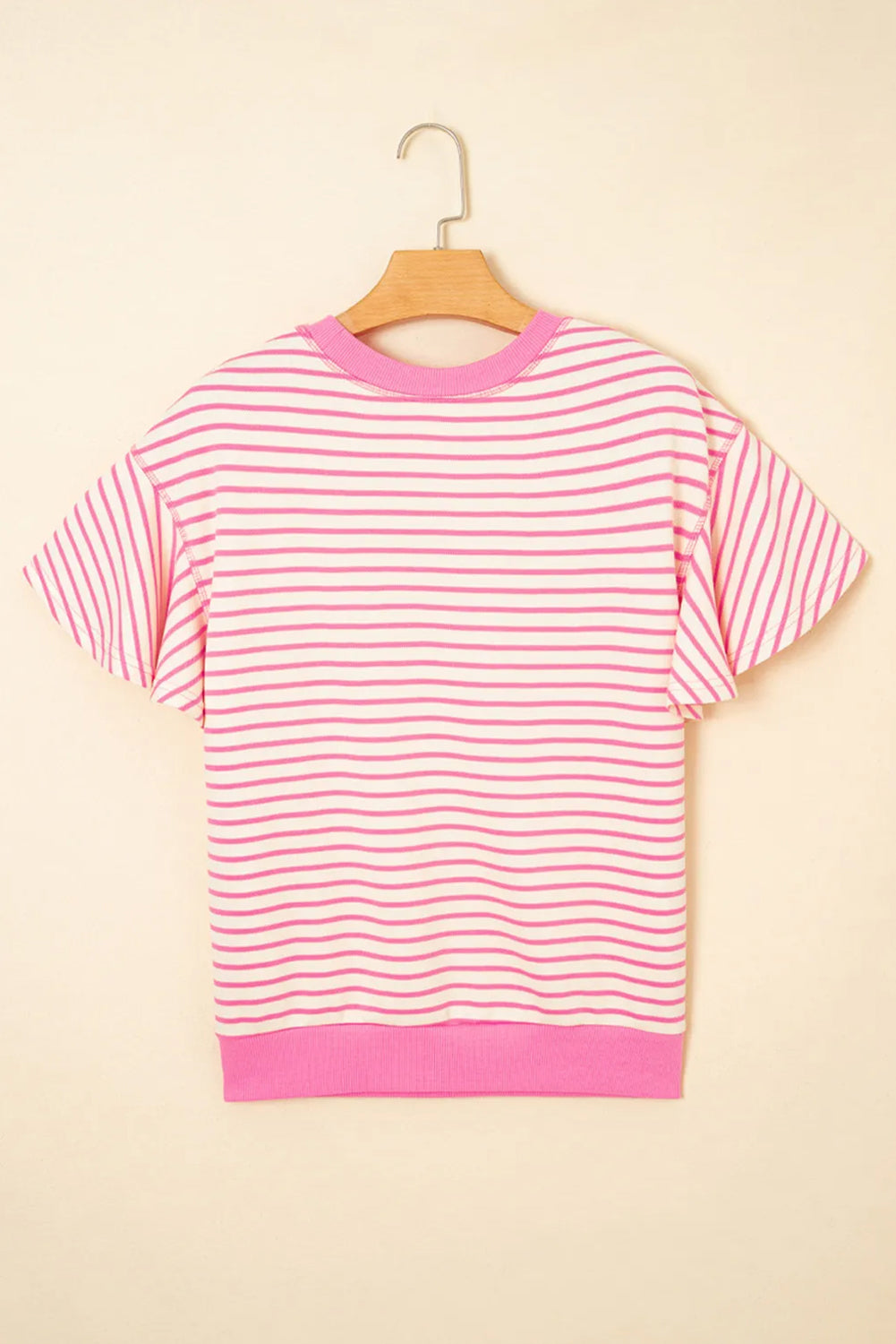 Sachet Pink Sequin Baseball Pattern Striped Ruffle Sleeve Round Neck Knit Top Graphic Tees JT's Designer Fashion