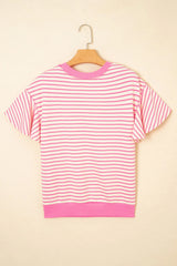 Sachet Pink Sequin Baseball Pattern Striped Ruffle Sleeve Round Neck Knit Top Graphic Tees JT's Designer Fashion