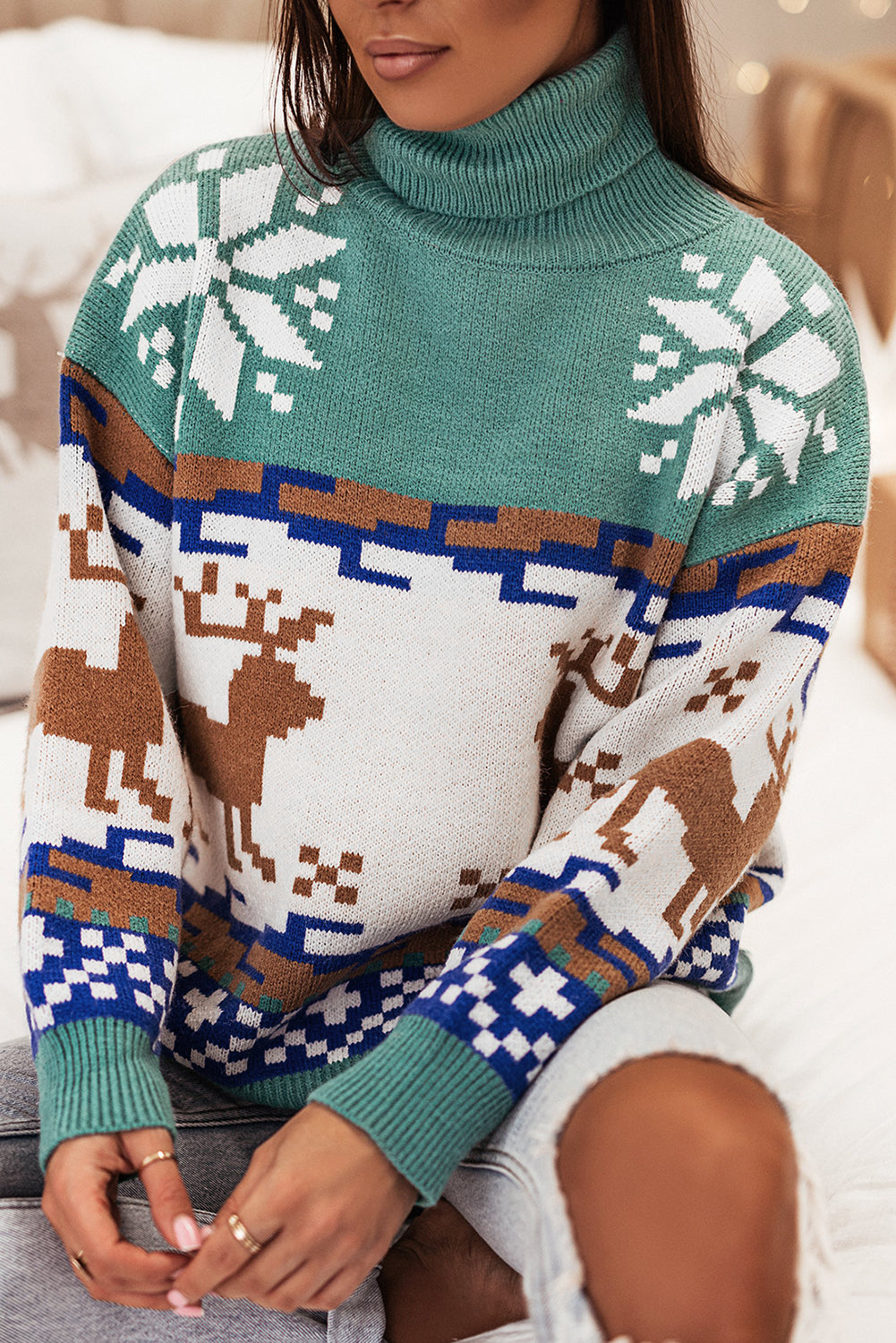Canton Christmas Reindeer Snowflake Colorblock Turtleneck Sweater Sweaters JT's Designer Fashion