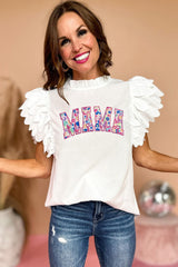 White MAMA Leopard Embroidered Layered Scalloped Sleeve Top Graphic Tees JT's Designer Fashion