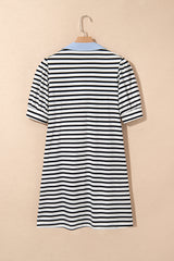 Black Stripe Contrast V Neck Collared Puff Sleeve T Shirt Mini Dress with Pockets T Shirt Dresses JT's Designer Fashion