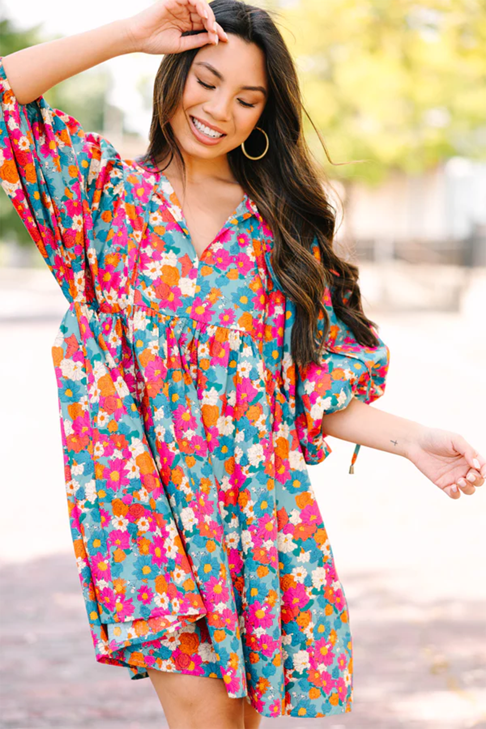 Sky Blue Floral Print Tie Split Neck Bubble Sleeve Babydoll Dress Floral Dresses JT's Designer Fashion