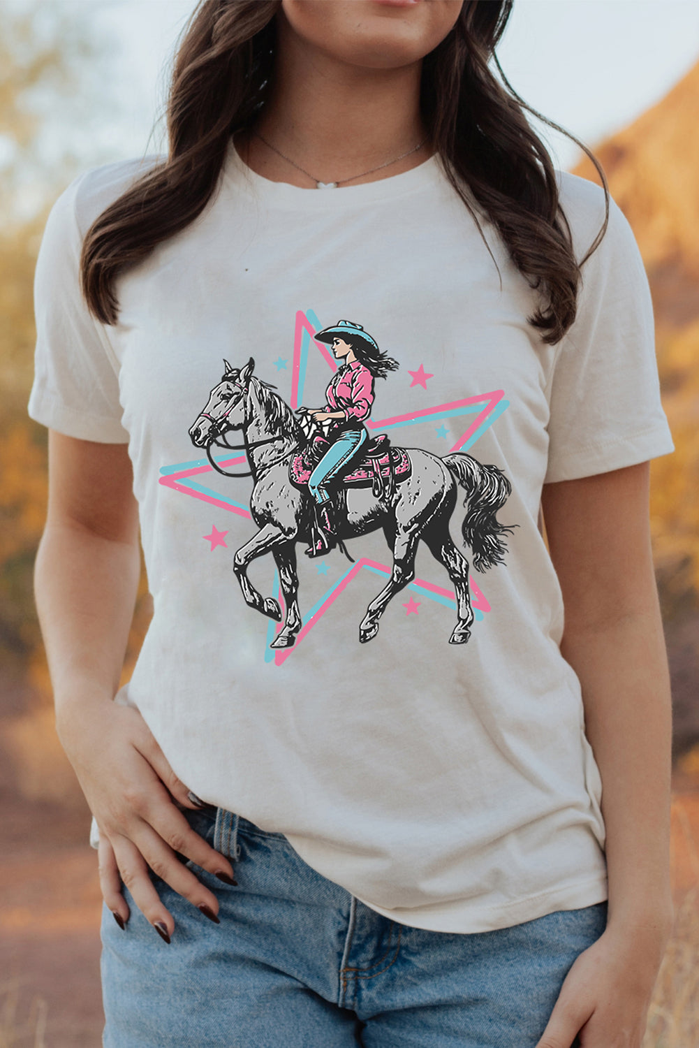 White Star Cowgirl Graphic Round Neck T Shirt Graphic Tees JT's Designer Fashion