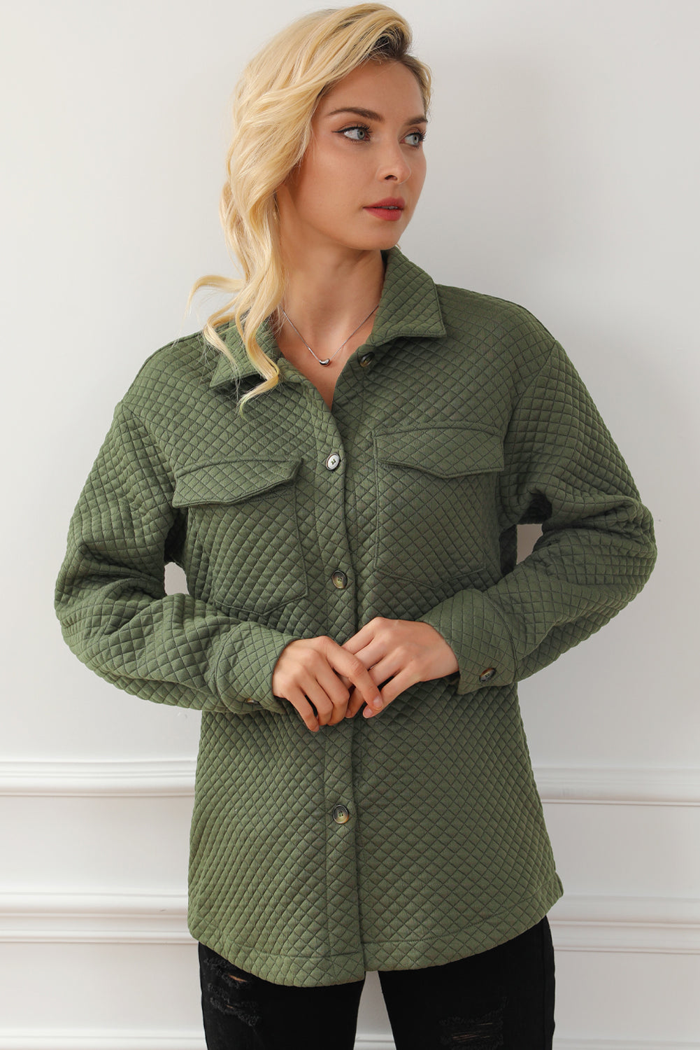 Green Retro Quilted Flap Pocket Button Shacket Jackets JT's Designer Fashion