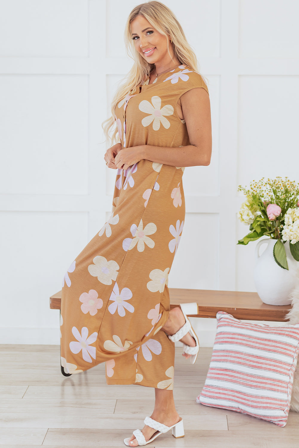 Khaki Floral Print Sleeveless Button up Wide Leg Loose Jumpsuit Jumpsuits & Rompers JT's Designer Fashion