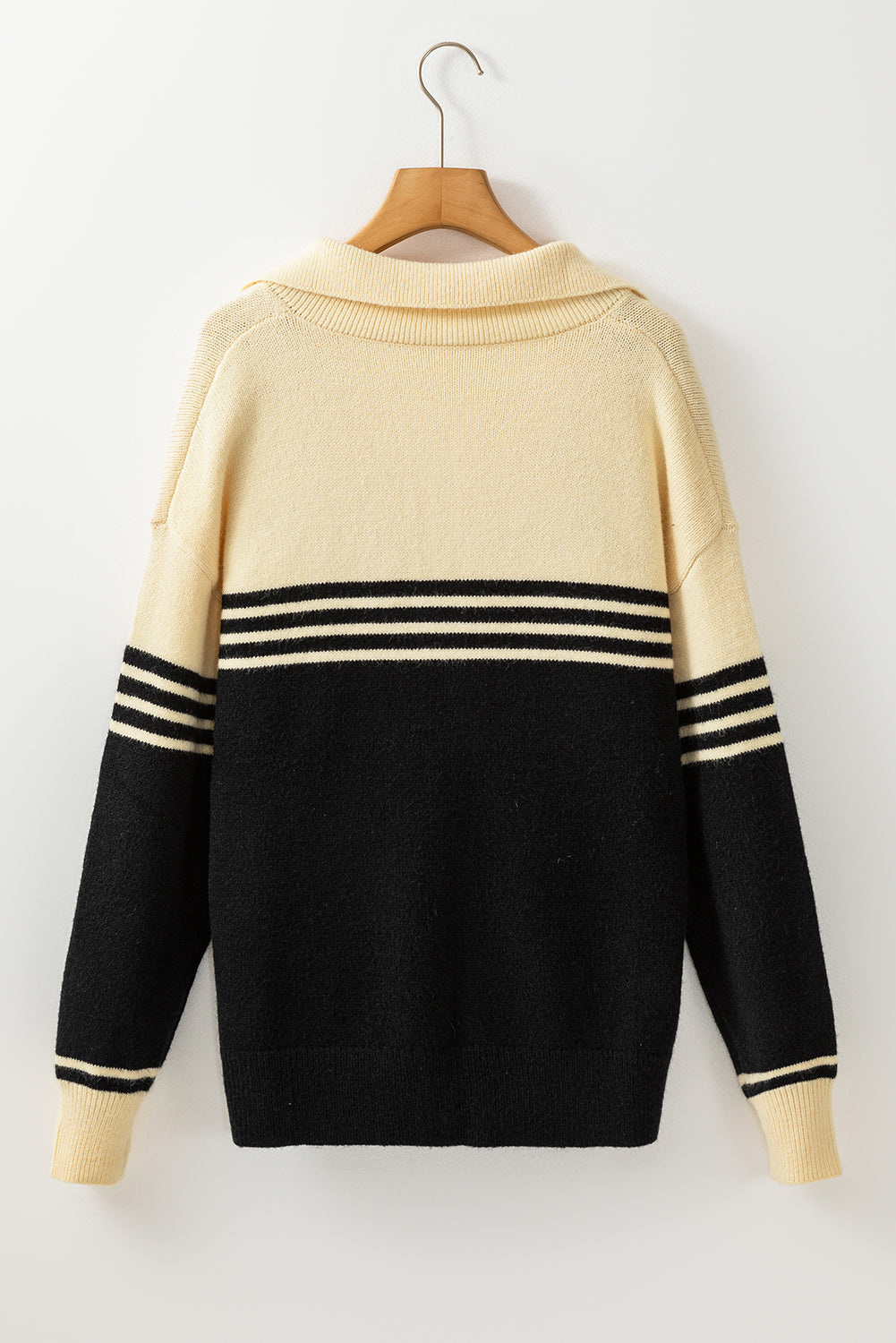 Black Colorblock Stripe Collared V Neck Sweater Sweaters JT's Designer Fashion