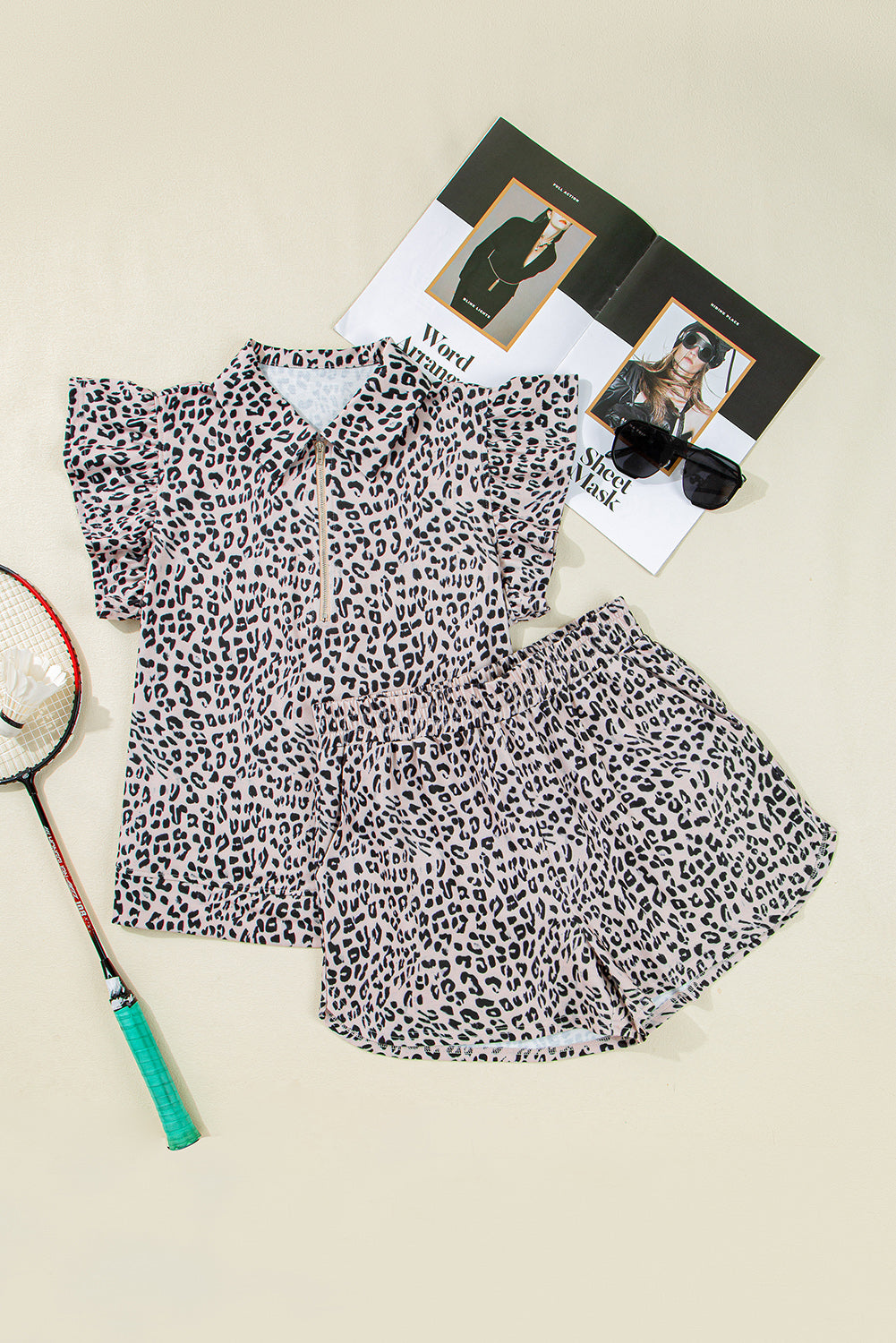 Brown Leopard Half Zipper Collared Ruffled Sleeve Top and Short Set Short Sets JT's Designer Fashion
