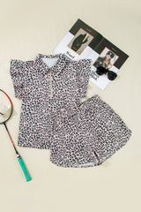 Brown Leopard Half Zipper Collared Ruffled Sleeve Top and Short Set Short Sets JT's Designer Fashion