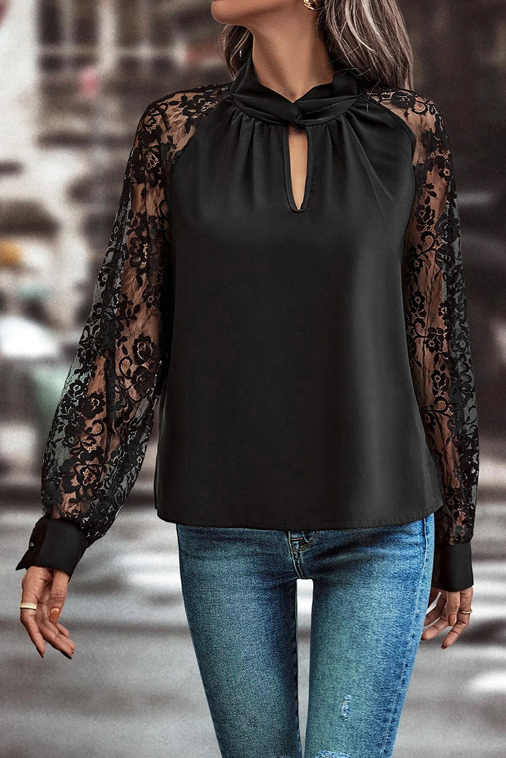 Black Keyhole Neckline Floral Lace Raglan Sleeve Blouse Blouses & Shirts JT's Designer Fashion