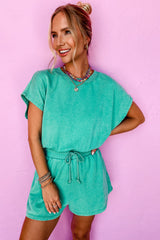 Sea Green Mineral Wash Drawstring Waist Hollow Out Back Short Sleeve Romper Bottoms JT's Designer Fashion