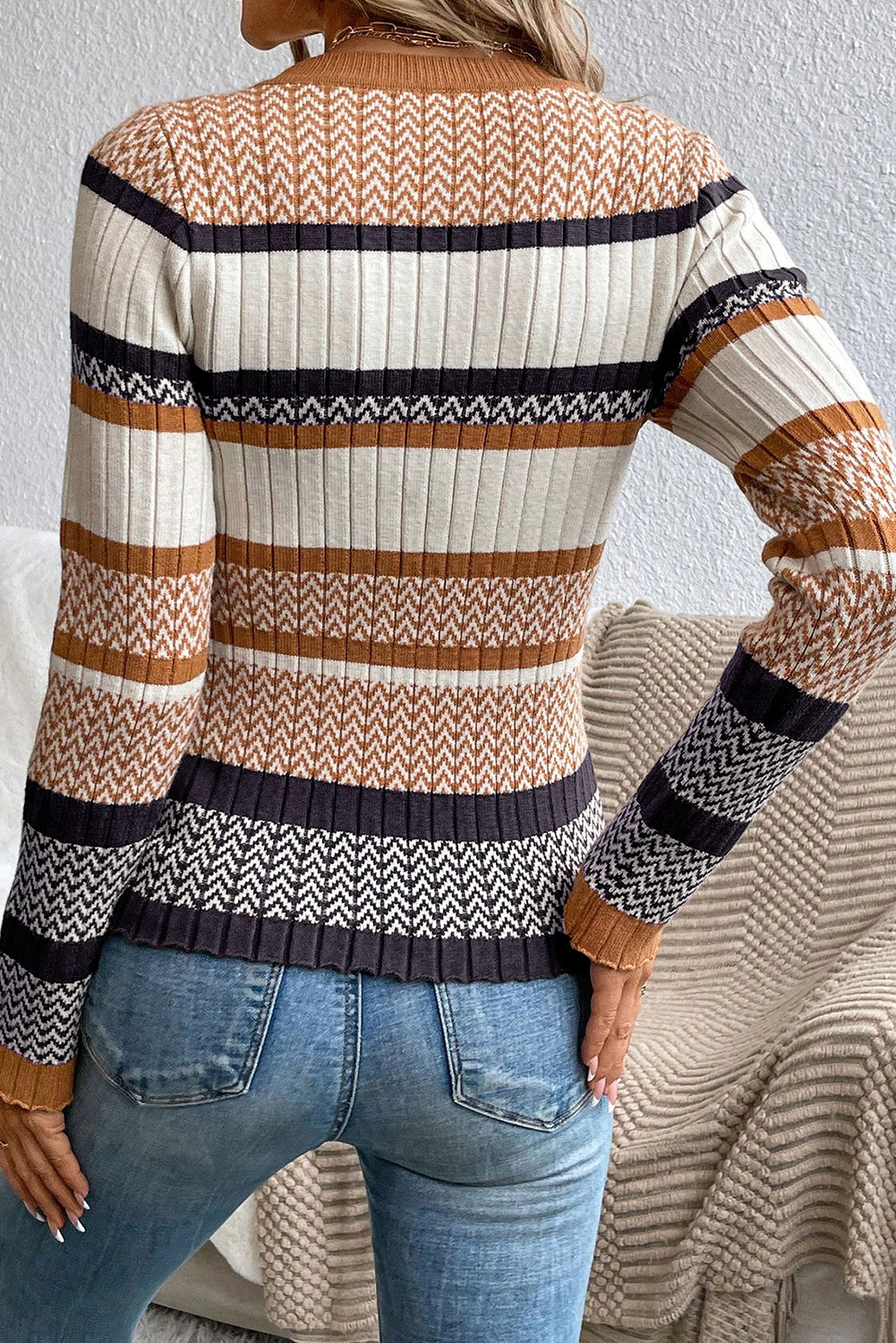 Brown Stripe Stylish Pattern Knitted Ribbed Trim Slim Sweater Sweaters JT's Designer Fashion