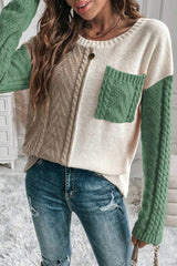 Vineyard Green Colorblock Patched Pocket Drop Shoulder Sweater Sweaters JT's Designer Fashion