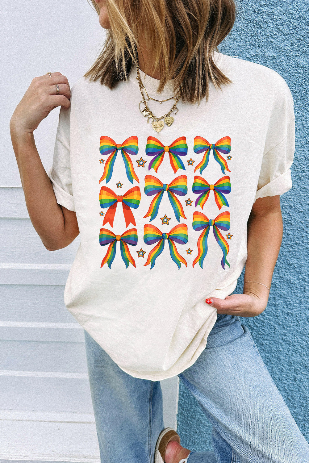 White Pride Bow Starry Print Cotton Blend T Shirt Graphic Tees JT's Designer Fashion