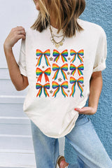 White Pride Bow Starry Print Cotton Blend T Shirt Graphic Tees JT's Designer Fashion