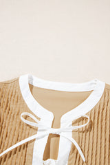 Pale Khaki Contrast Trim Pintuck Puff Sleeve Tied Neck Short Dress Mini Dresses JT's Designer Fashion