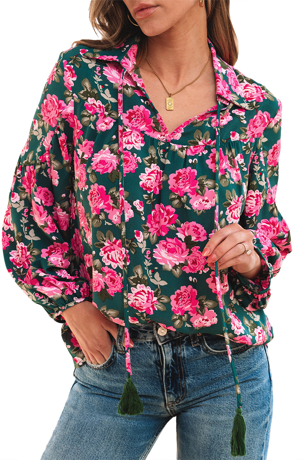 Green Floral Printed Tied Collar Puff Sleeve Blouse Blouses & Shirts JT's Designer Fashion
