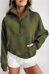 Moss Green Quarter Zip Stand Neck Kangaroo Pocket Sweatshirt Sweatshirts & Hoodies JT's Designer Fashion