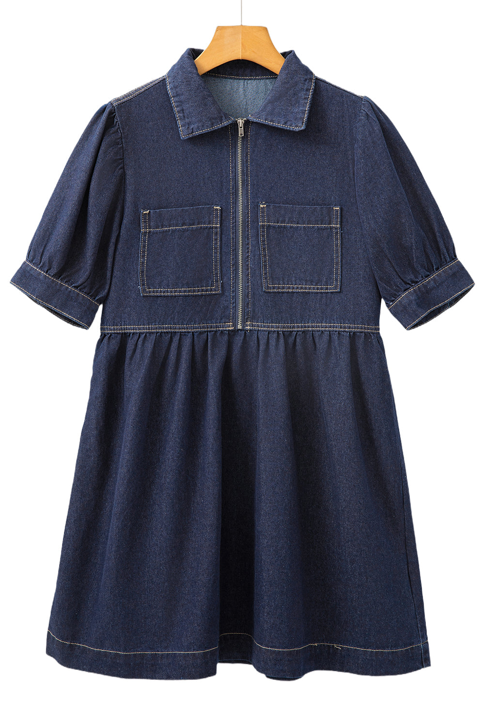 Dirty blue Zipped up Bodice Collared Short Puff Sleeve Denim Dress Mini Dresses JT's Designer Fashion