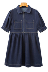 Dirty blue Zipped up Bodice Collared Short Puff Sleeve Denim Dress Mini Dresses JT's Designer Fashion