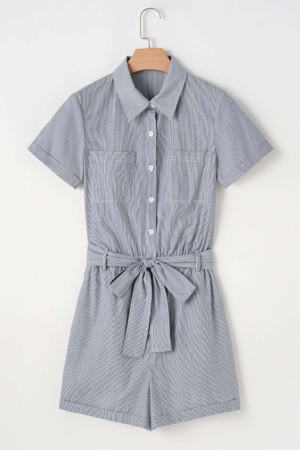 Blue Stripe Chest Pockets Buttoned Belted High Waist Romper Jumpsuits & Rompers JT's Designer Fashion