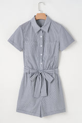 Blue Stripe Chest Pockets Buttoned Belted High Waist Romper Jumpsuits & Rompers JT's Designer Fashion