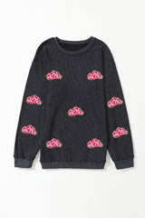 Black Glittering Cowboy Hat Patched Corded Pullover Sweatshirt Graphic Sweatshirts JT's Designer Fashion