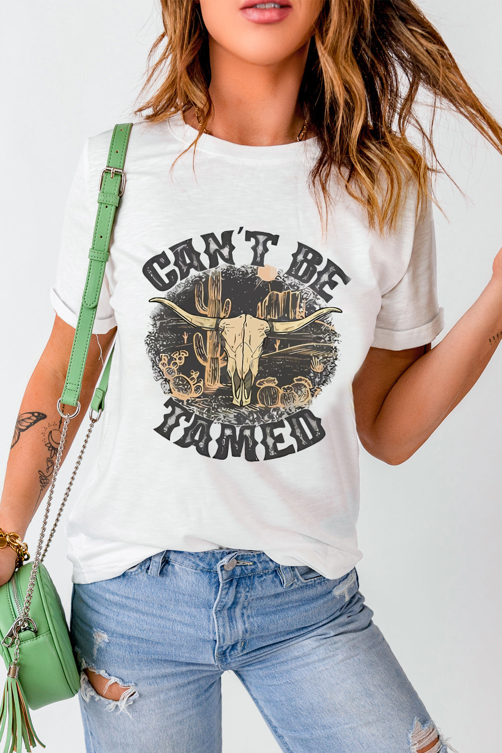 White Cant Be Tamed Western Steer Head Crew Neck T Shirt Graphic Tees JT's Designer Fashion