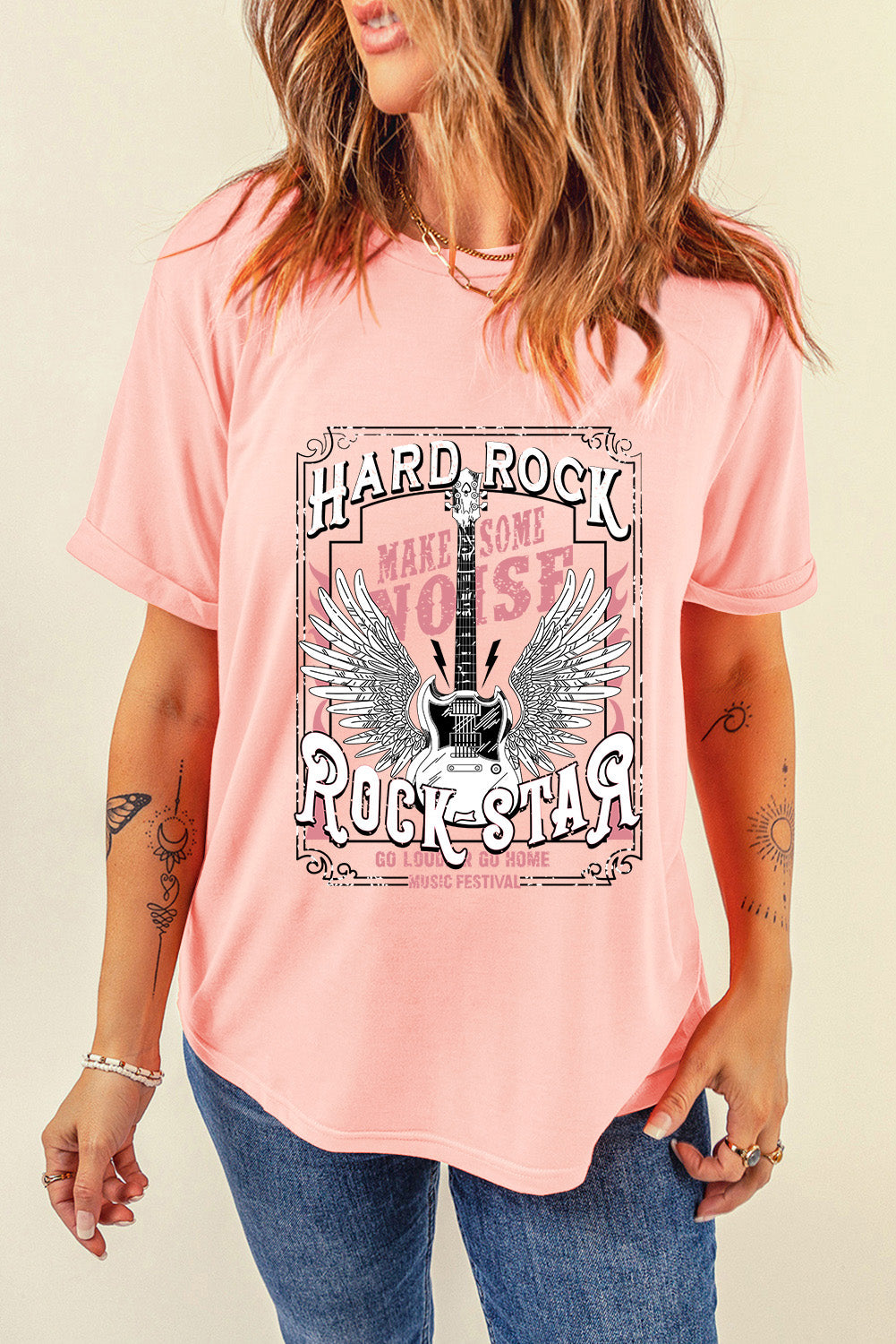 Pink Hard Rock Guitar Print Crew Neck T Shirt Graphic Tees JT's Designer Fashion