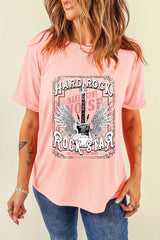 Pink Hard Rock Guitar Print Crew Neck T Shirt Graphic Tees JT's Designer Fashion