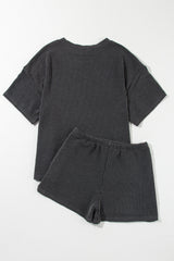 Carbon Grey Ribbed Textured Knit Loose Fit Tee and Shorts Set Short Sets JT's Designer Fashion
