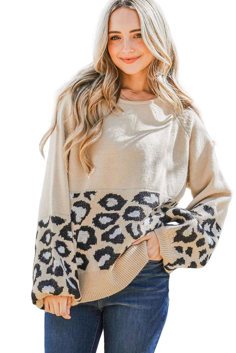 Khaki Leopard Patchwork Knitted Puff Sleeve Sweater Sweaters & Cardigans JT's Designer Fashion