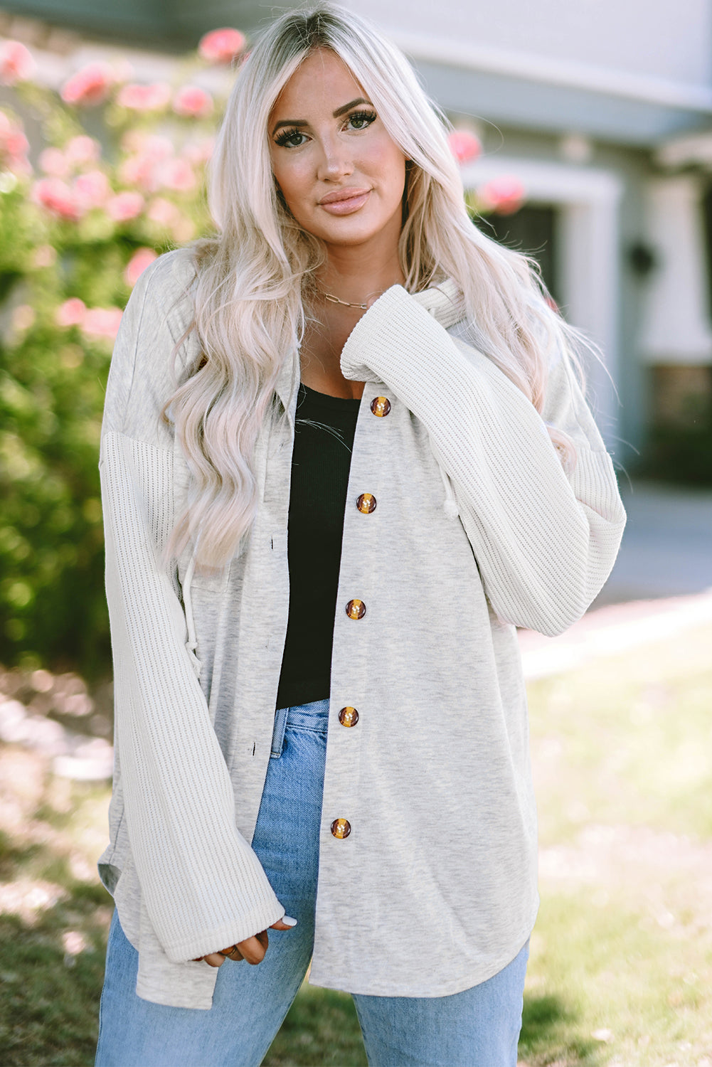 Gray Button Up Contrast Knitted Sleeves Hooded Jacket Gray 80%Polyester+20%Cotton Jackets JT's Designer Fashion