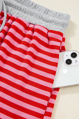 Red Stripe Drop Shoulder Baggy Pullover and Shorts Casual Set Short Sets JT's Designer Fashion