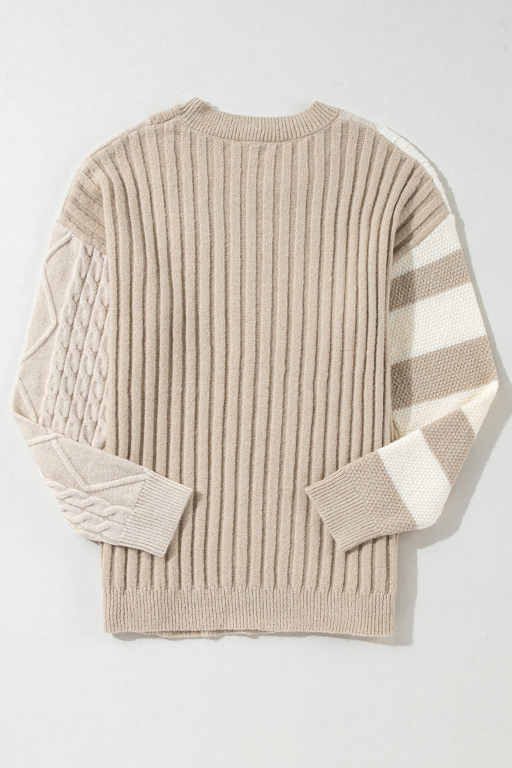 Khaki Cable Knit Colorblock Crew Neck Drop Shoulder Sweater Sweaters JT's Designer Fashion