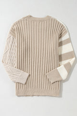 Khaki Cable Knit Colorblock Crew Neck Drop Shoulder Sweater Sweaters JT's Designer Fashion